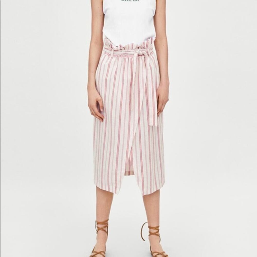 Zara TRF S faux wrap pink striped coquette paper bag skirt w/ pockets linen pink
